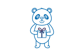 Blueoutlined panda with a happy face holds a gift with a red ribbon