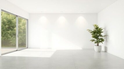 Bright and Minimalist A Clean, White Empty Room with Natural Light and an Indoor Plant