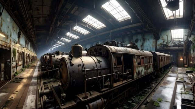 Rows of rusty old trains and passenger cars in a dilapidated industrial depot, reminiscent of bygone rail travel