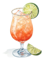 Watercolor illustration of a refreshing iced cocktail garnished with lime