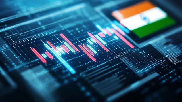India stock market data candlestick chart on digital screen