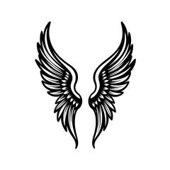 Obraz premium Pair of black and white wings shown on a white background, meant to represent freedom, strength, and flight, ideal for a tattoo design or other artwork.