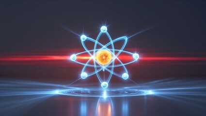 Atomic structure. Futuristic concept on the topic of nanotechnology in science. The nucleus of an atom surrounded by electrons on a technological background