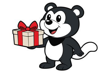 Cartoon bear with a happy smile presents a gift box tied with red ribbon