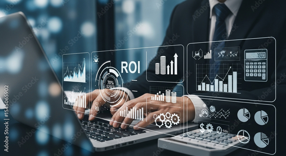 Poster businessman analyzing roi data on laptop with financial charts and graphs overlayed on screen