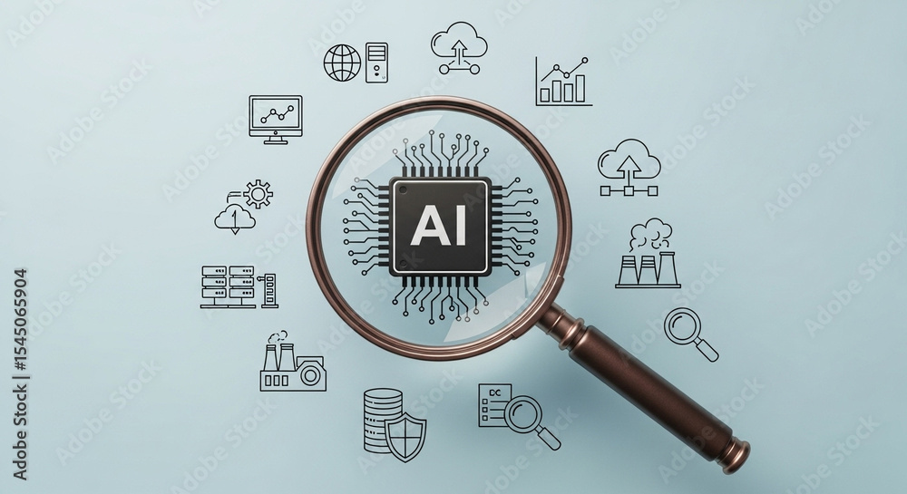 Poster artificial intelligence chip under a magnifying glass with technology icons around it