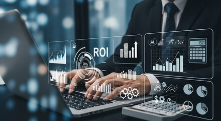 Businessman analyzing roi data on laptop with financial charts and graphs overlayed on screen