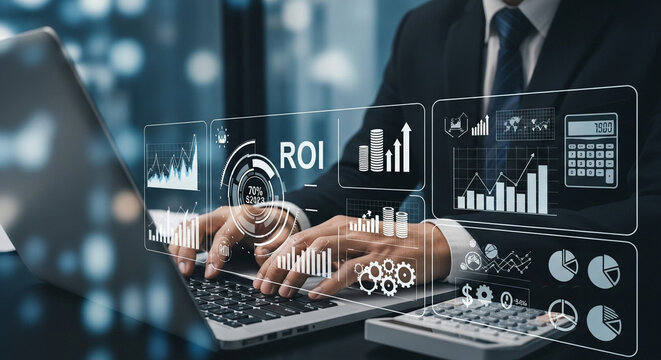 Businessman analyzing roi data on laptop with financial charts and graphs overlayed on screen