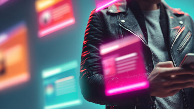 Person using smartphone surrounded by floating colorful digital interfaces in virtual workspace