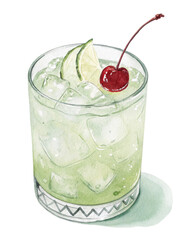 Refreshing Green Cocktail with Lime and Cherry Garnish in Rocks Glass