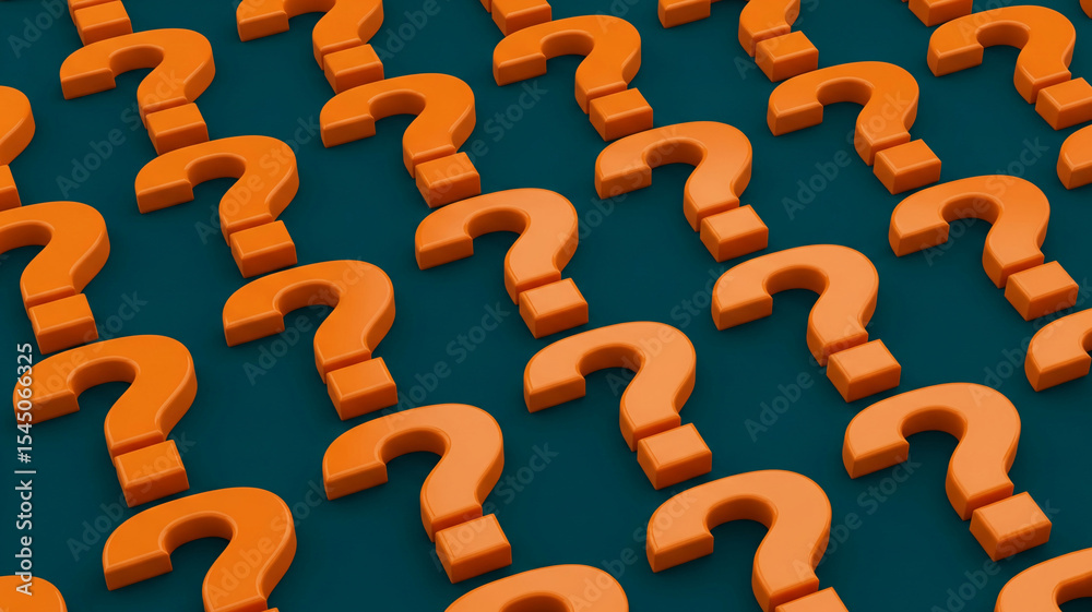 Poster Repeating orange question marks on teal background create a pattern, symbolizing inquiry, uncertainty, or the search for answers