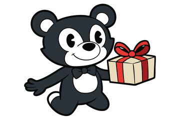 Cartoon bear wearing bow tie joyfully presents wrapped gift with a cheerful expression