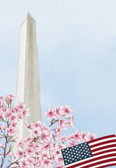 Washington Monument in Washington, D.C. National Cherry Blossom Festival. Frame with pink flowers. Watercolor illustration, hand drawing. Sketch. Template for a postcard or souvenir.