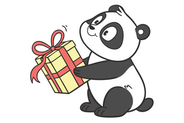 A cheerful panda excitedly hugs a beautiful yellow gift box with a red ribbon