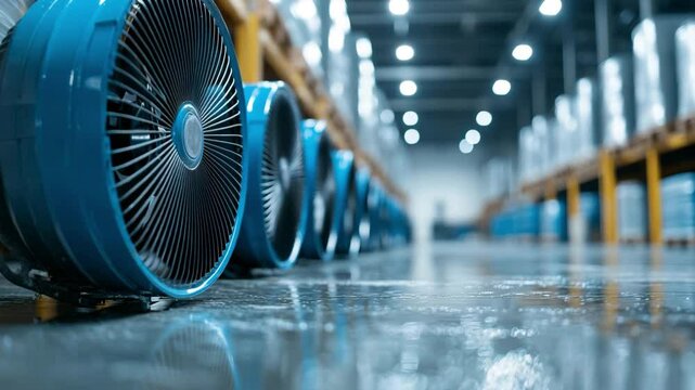 Industrial air movers in modern warehouse setting