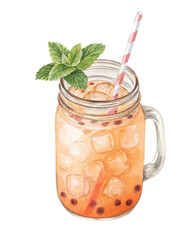 Refreshing iced tea in mason jar with mint and straw, watercolor style