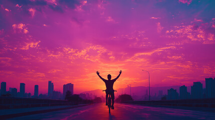 Silhouette of a cyclist with raised arms riding into a pink and purple sunset sky over a city skyline at dusk.