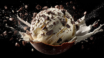 Vanilla ice cream scoop crashes into a chocolate bowl, splashing milk and flying chunks of dark chocolate in dramatic motion.