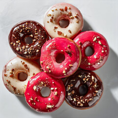 Top view of assorted pink, chocolate, and vanilla glazed donuts with crushed nuts, arranged on clean white marble surface.