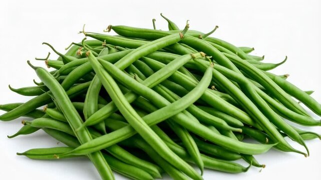 Fresh pile of green beans isolated on a white background, perfect for culinary or healthy eating content.