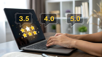 Person using a laptop with online reviews and ratings displayed on the screen