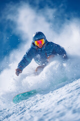 Dynamic shot of a snowboarder riding through deep powder snow, surrounded by flying snow and bright blue winter sky.