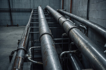 Industrial Metal Ventilation Pipes Extending from Building Rooftop