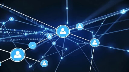 Glowing digital network with interconnected user icons represents social connectivity in technological landscape. - Powered by Adobe