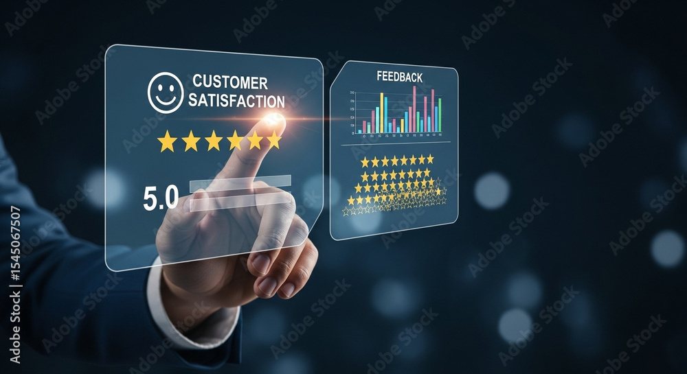 Poster a finger touches customer satisfaction interface with stars and feedback graph on a dark background