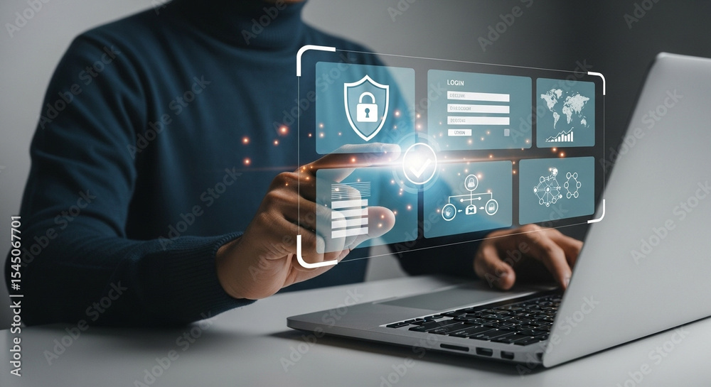 Poster Person using laptop with digital interface displaying security and network information on screen