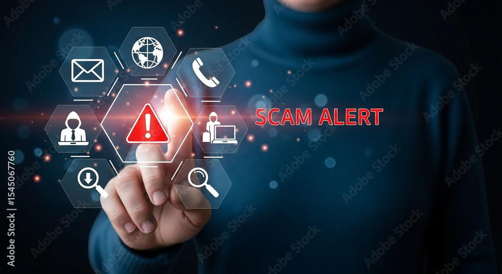 Poster a person touching a scam alert icon with various communication icons and a dark blue background