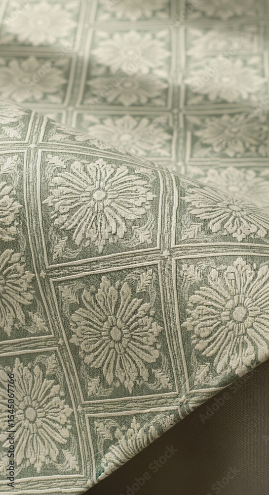 Aufkleber close-up of sage green fabric with embossed floral pattern, showcasing intricate detail and texture,