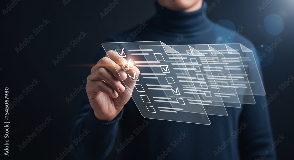Poster Person marking a digital checklist with a stylus on a transparent futuristic interface display screen