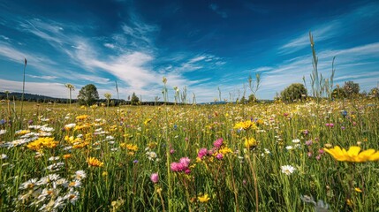 Colorful Wildflower Meadow Under Bright Blue Sky with Clouds in Countryside