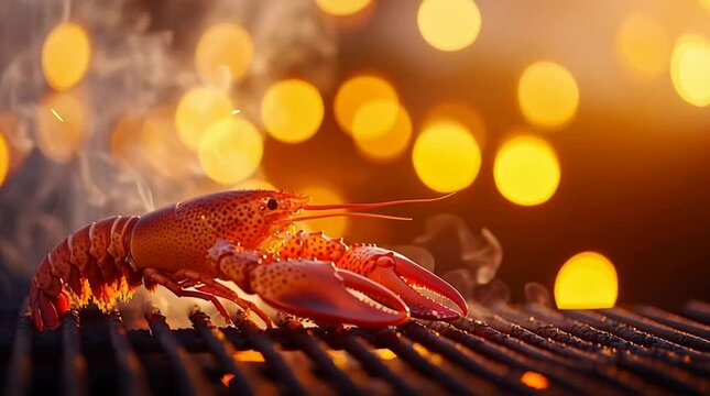 Vibrant outdoor seafood grilling featuring succulent lobster and shellfish, creating warm and inviting barbecue dinner with smoky atmosphere, fiery heat, and colorful bokeh lights perfect for summer