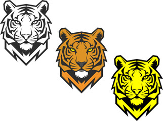 Set of tiger logos in three colors, tiger head icon with sharp neck and bold look.