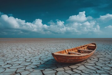 Dry lake bed with a solitary wooden boat under a dramatic sky at midday