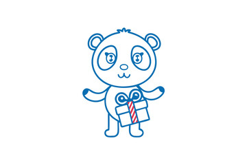 Blue outline panda proudly presents a red striped gift against a white backdrop