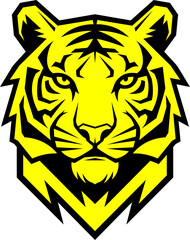  Tiger logo in stylish yellow and black colors, tiger head icon with sharp neck and bold look.