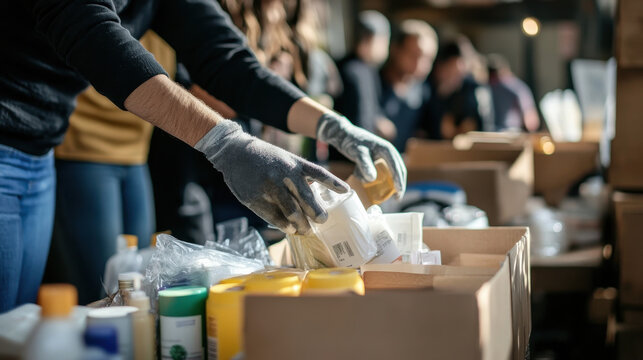 Charity volunteers filling hygiene kits with soap, shampoo, and essentials, preparing donation bags for the homeless, high-resolution humanitarian work shot —ar 16:9 - Powered by Adobe