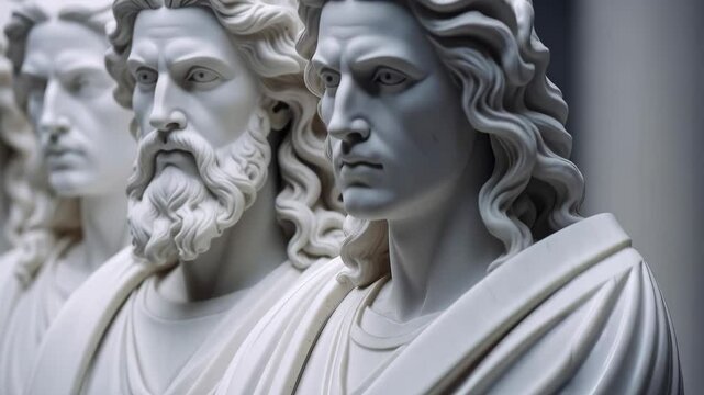 Elegant marble statues of ancient men with curly hair in classical style arranged in a row, perfect for historical references.