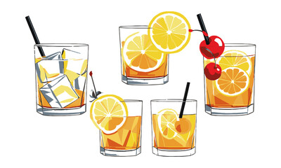 Modern vector illustration of cocktail glasses evenly spaced in a horizontal layout, lemon slices, maraschino cherries, and foam in short glasses