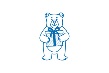 Blue line teddy bear holding gift box with bow for celebration presents