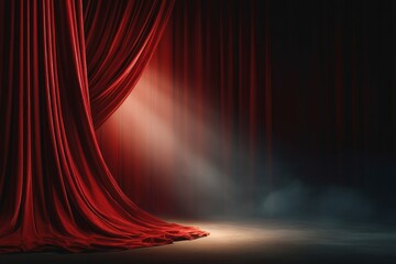 Red velvet curtains parting to reveal a spotlight on an empty stage during a dramatic performance in an elegant theater setting