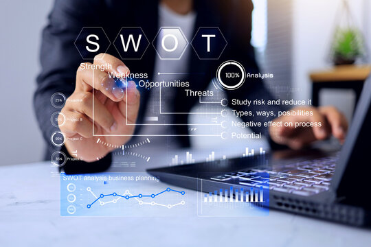 SWOT analysis concept with businessman planning for business strategy base on strength weakness opportunity and threats to possibility potential development and reduce risk to competition era