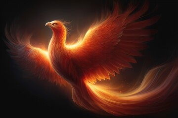 Majestic phoenix rising from flames, symbolizing rebirth and transformation in a dark mystical atmosphere