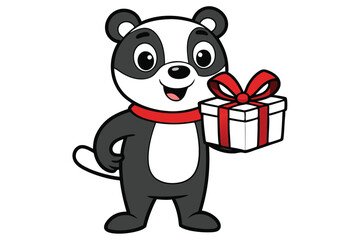 Cartoon panda with red scarf presents a cute gift wrapped in a bow