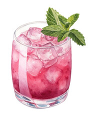 Refreshing pink cocktail with ice and mint garnish in a rocks glass