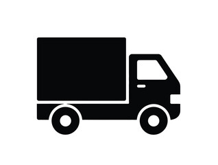 black and white icon of a delivery truck with cargo container, symbolizing logistics, freight transport, shipping, and distribution