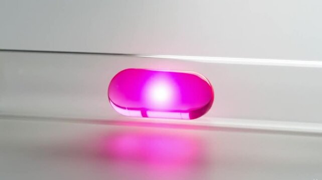 Close up of a bright pink capsule with a white background and a white line running across it